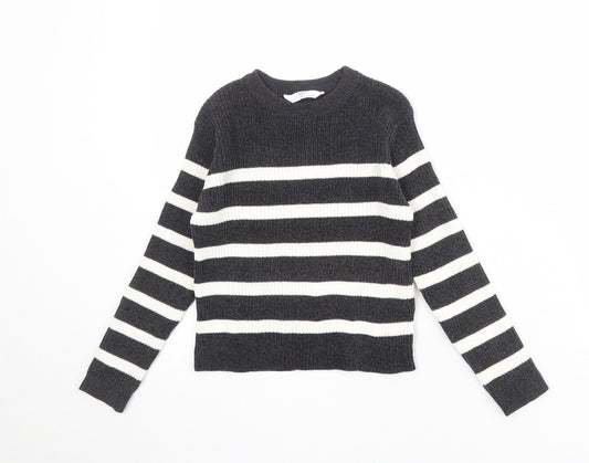 Marks and Spencer Girls Grey Round Neck Striped Polyester Pullover Jumper Size 7-8 Years Pullover