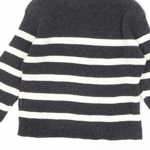 Marks and Spencer Girls Grey Round Neck Striped Polyester Pullover Jumper Size 7-8 Years Pullover
