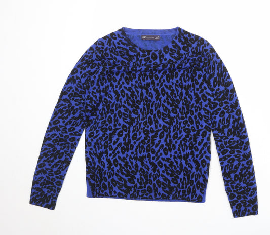 Marks and Spencer Womens Blue Round Neck Animal Print Acrylic Pullover Jumper Size 8 - Leopard Print