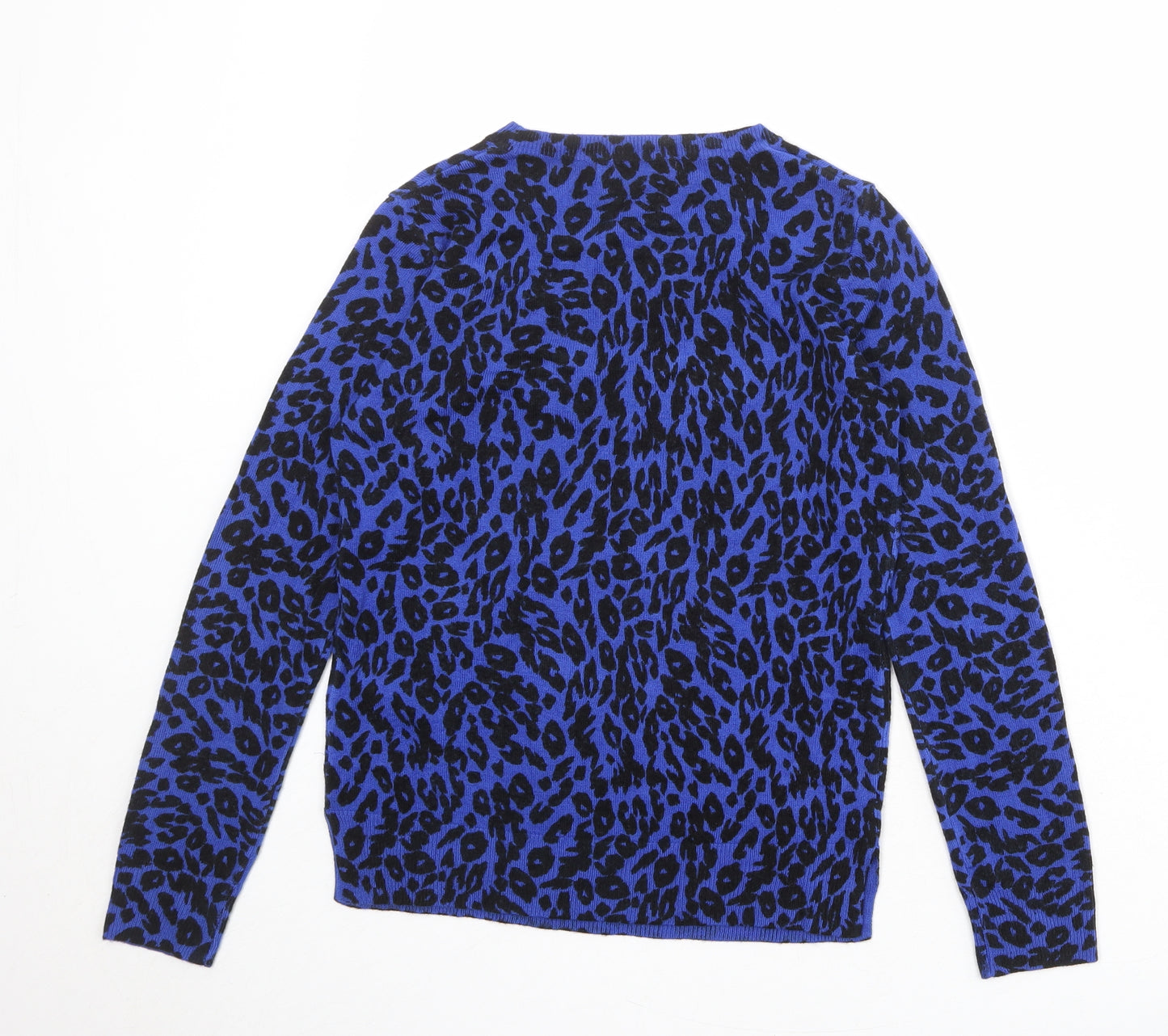 Marks and Spencer Womens Blue Round Neck Animal Print Acrylic Pullover Jumper Size 8 - Leopard Print