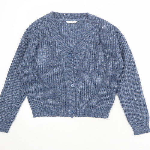 Marks and Spencer Girls Blue V-Neck Acrylic Cardigan Jumper Size 12-13 Years Button