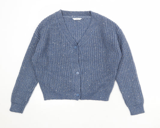 Marks and Spencer Girls Blue V-Neck Acrylic Cardigan Jumper Size 12-13 Years Button