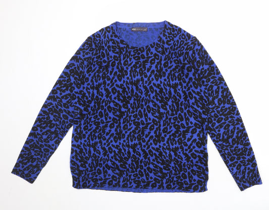 Marks and Spencer Womens Blue Round Neck Animal Print Acrylic Pullover Jumper Size 14 - Leopard Pattern