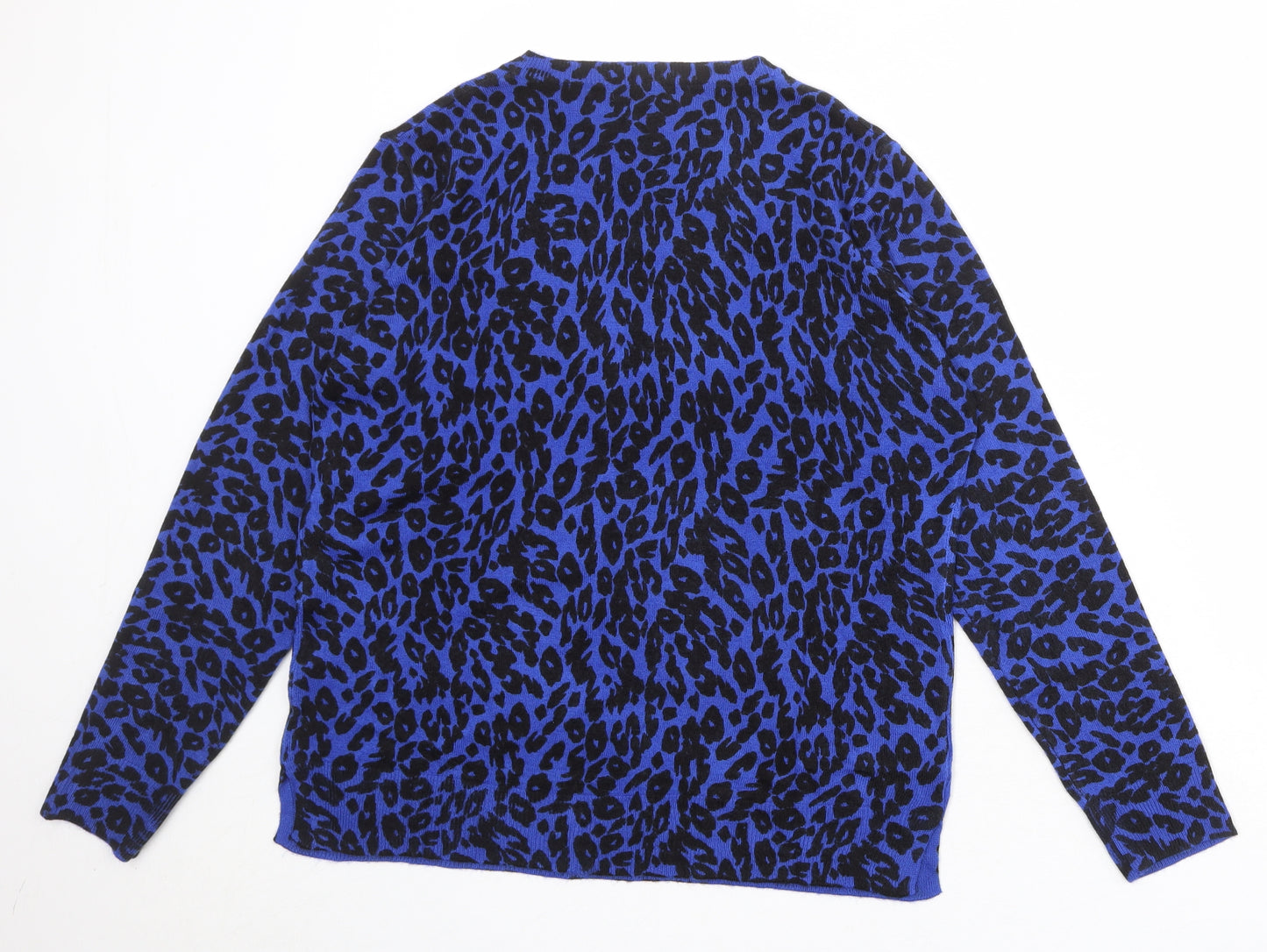 Marks and Spencer Womens Blue Round Neck Animal Print Acrylic Pullover Jumper Size 14 - Leopard Pattern