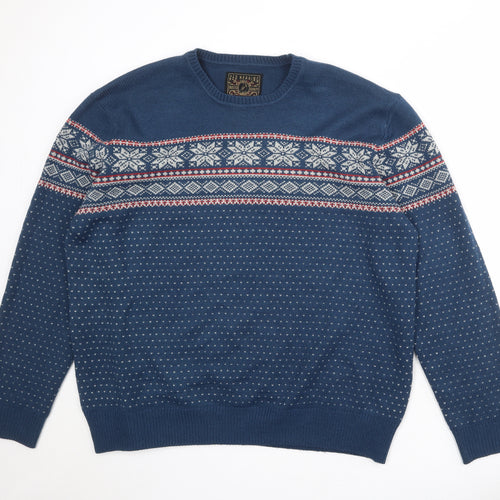 Red Herring Mens Blue Round Neck Fair Isle Acrylic Pullover Jumper Size 2XL Long Sleeve