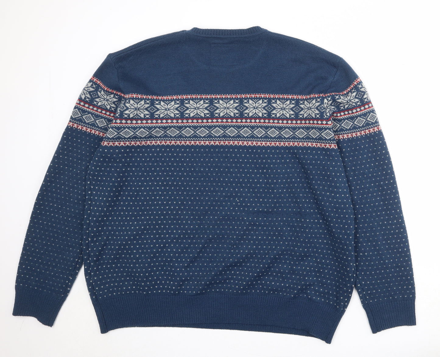 Red Herring Mens Blue Round Neck Fair Isle Acrylic Pullover Jumper Size 2XL Long Sleeve