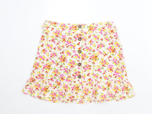 Topshop Womens White Floral Polyester Skater Skirt Size 10 Button