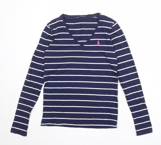 Ralph Lauren Sport Womens Blue Striped 100% Cotton Basic T-Shirt Size S V-Neck