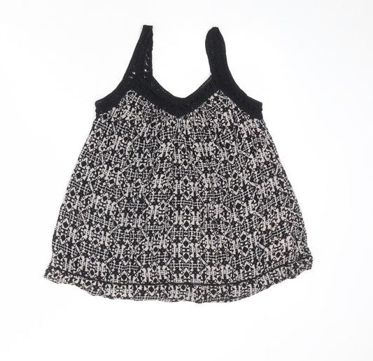 New Look Womens Black Geometric Viscose Camisole Tank Size 8 V-Neck - Crochet Detail