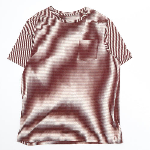 Marks and Spencer Mens Red Striped Cotton T-Shirt Size L Round Neck
