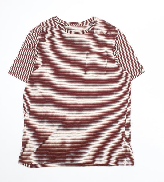 Marks and Spencer Mens Red Striped Cotton T-Shirt Size L Round Neck