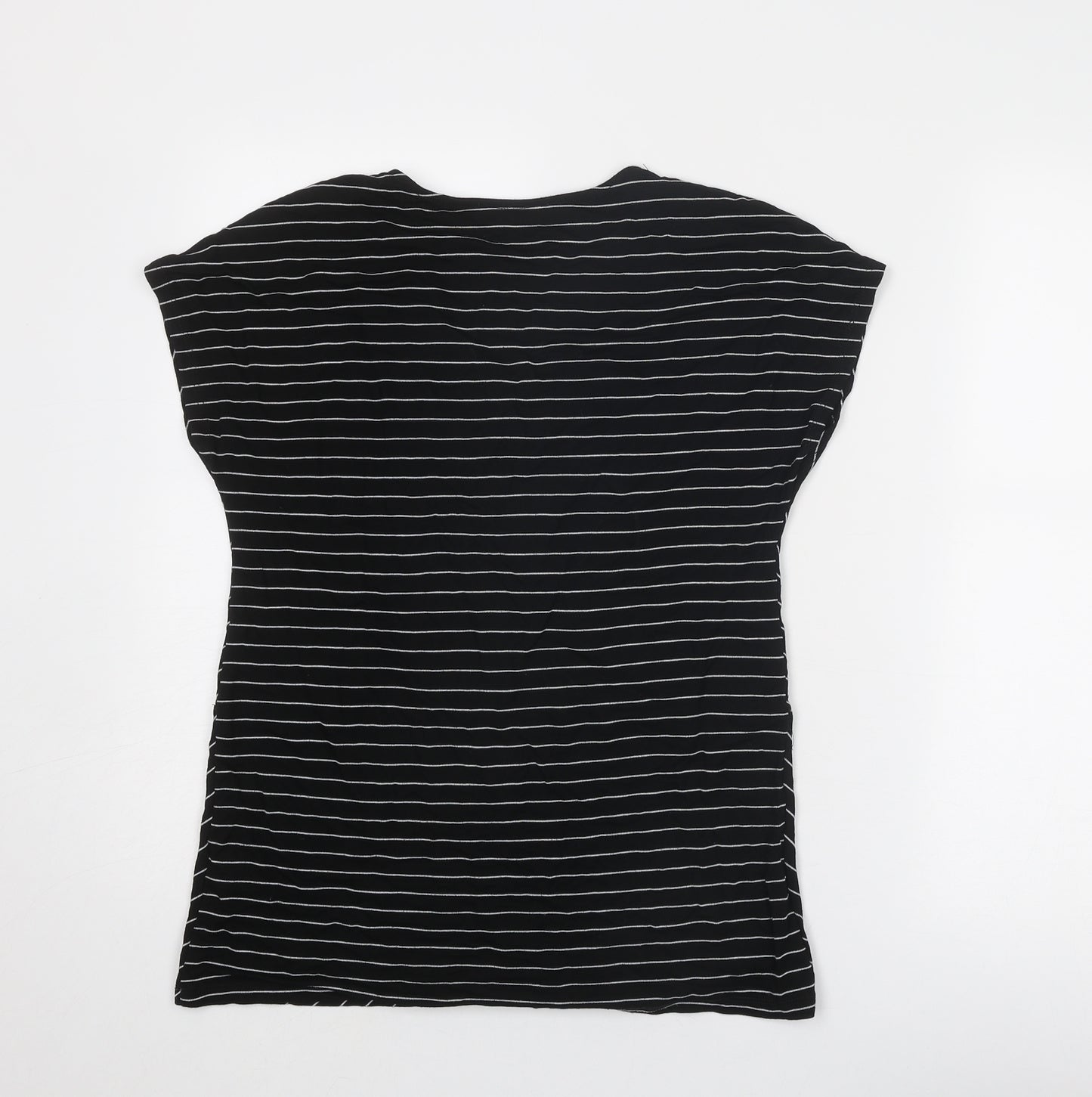 Marks and Spencer Womens Black Striped Viscose Basic T-Shirt Size 12 V-Neck