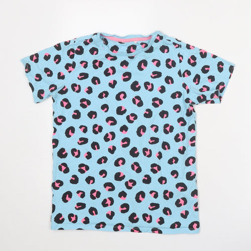 Marks and Spencer Girls Blue Animal Print Cotton Basic T-Shirt Size 11-12 Years Round Neck Pullover - Leopard Print