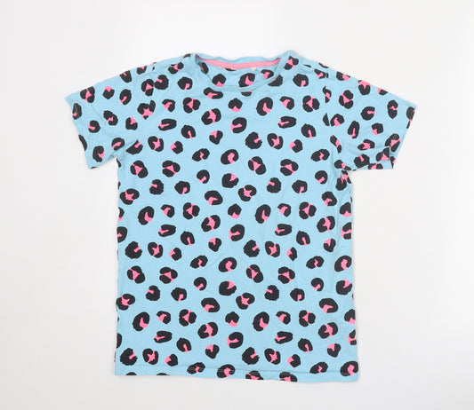 Marks and Spencer Girls Blue Animal Print Cotton Basic T-Shirt Size 11-12 Years Round Neck Pullover - Leopard Print