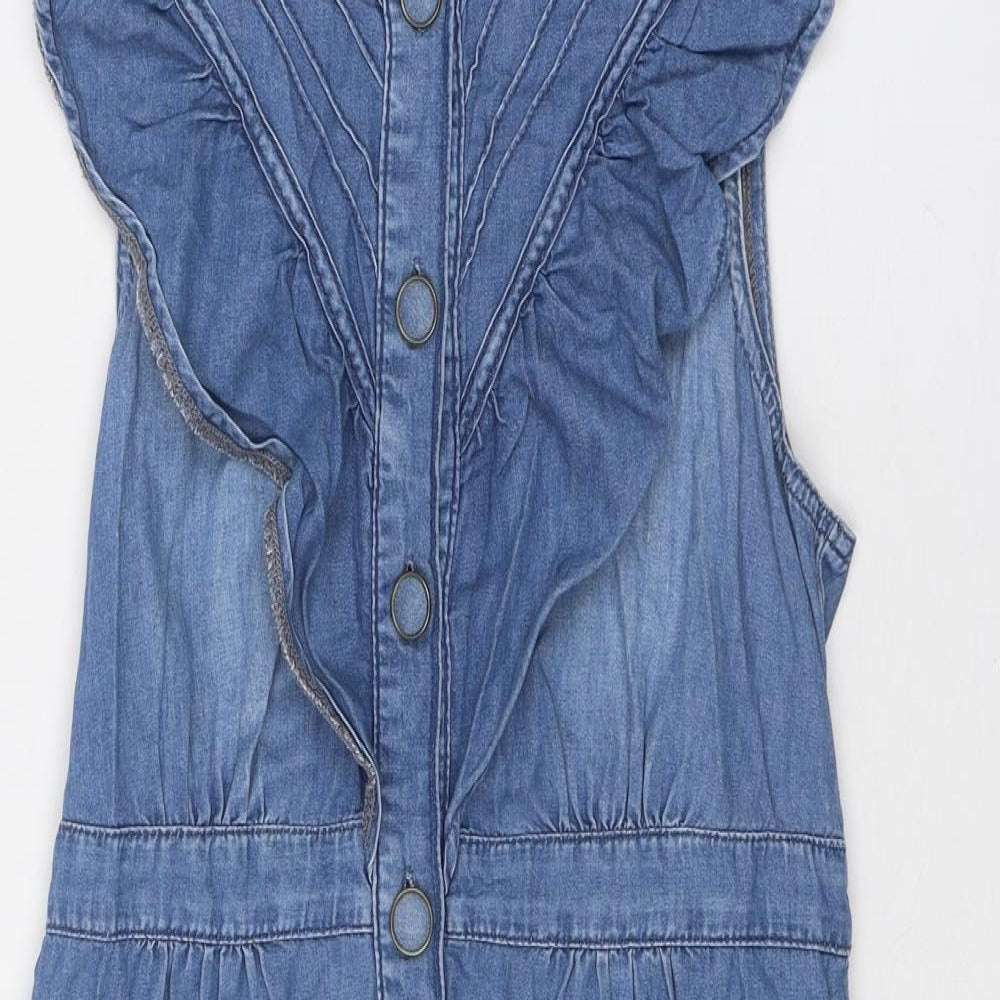 Miss Selfridge Womens Blue Polyester A-Line Size 10 V-Neck Button