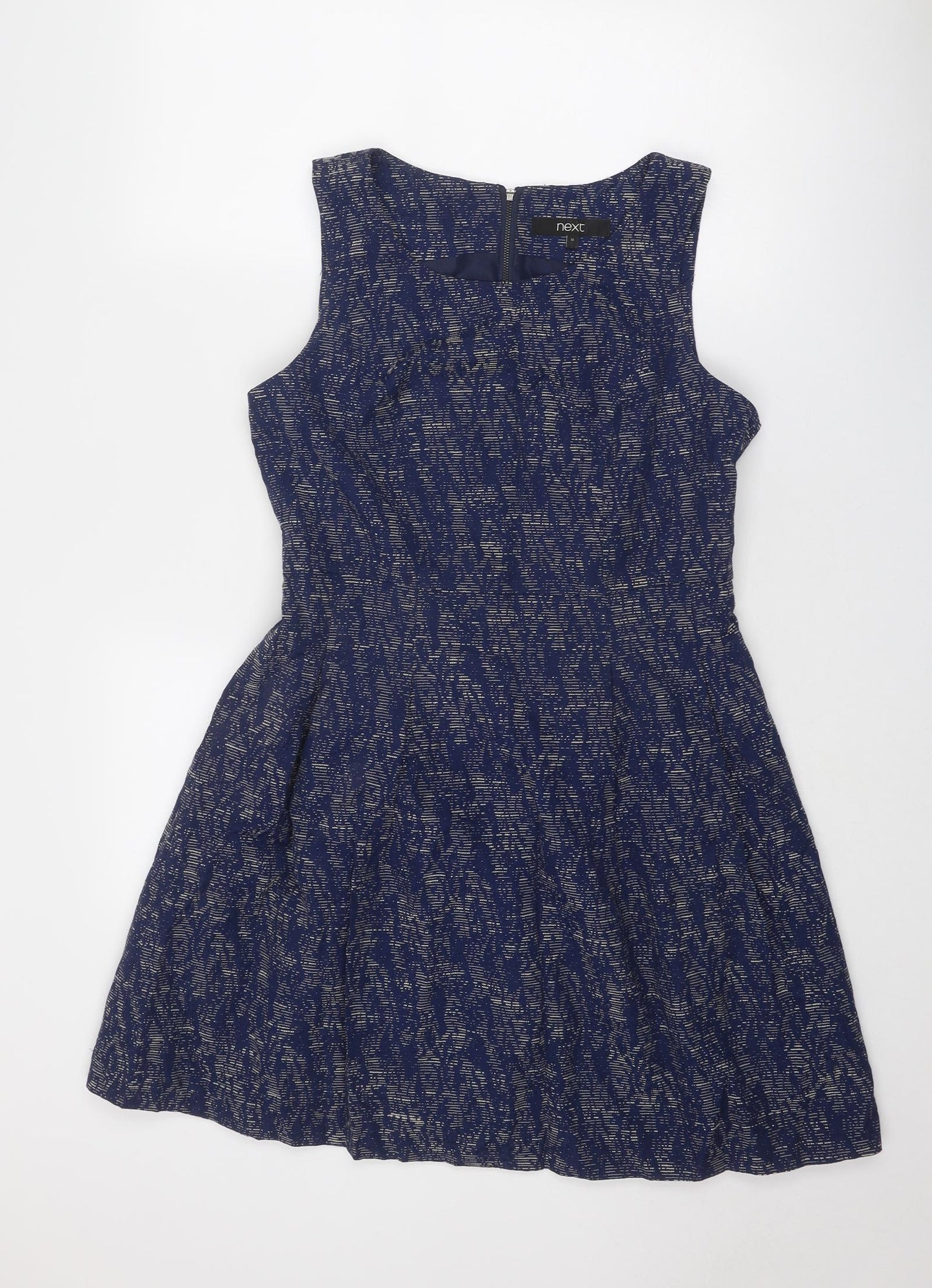 NEXT Womens Blue Geometric Cotton Skater Dress Size 14 Round Neck Zip