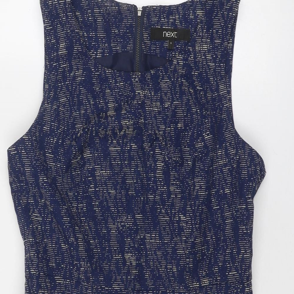 NEXT Womens Blue Geometric Cotton Skater Dress Size 14 Round Neck Zip