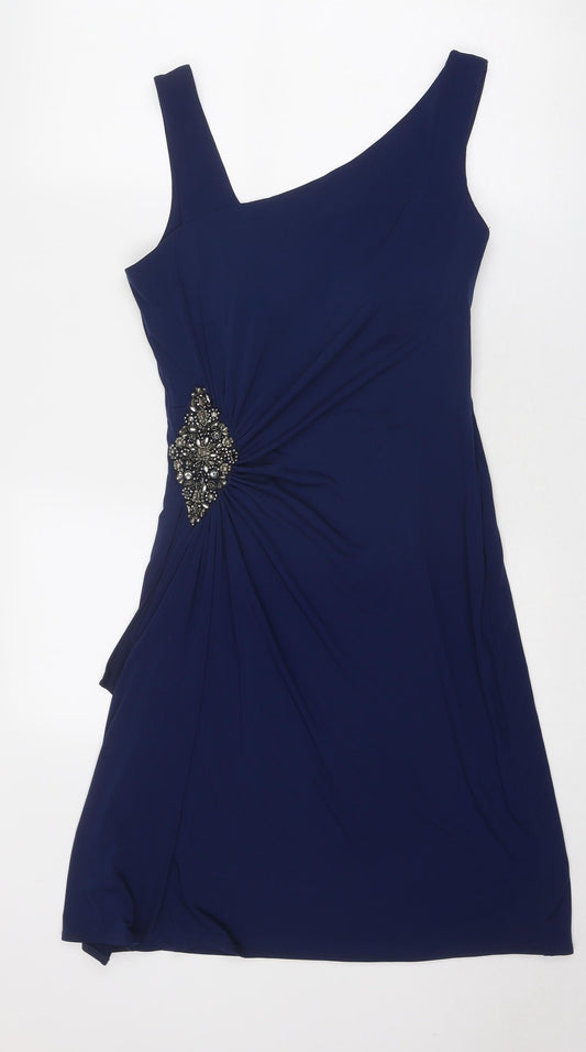 Cachet Womens Blue Polyester Mini Size 6 V-Neck Zip - Asymmetric Neckline