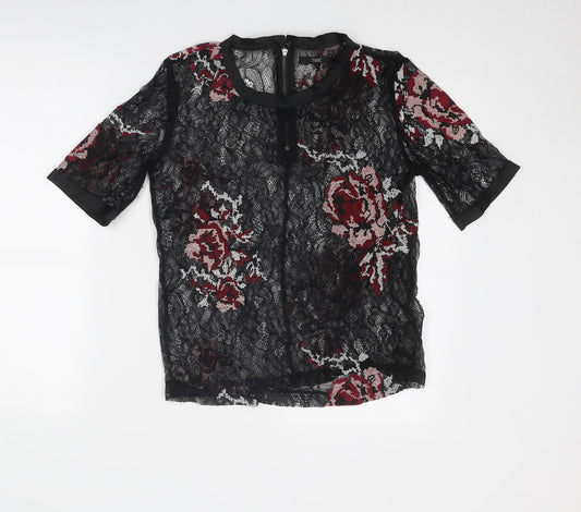 NEXT Womens Black Floral Nylon Basic T-Shirt Size 10 Round Neck
