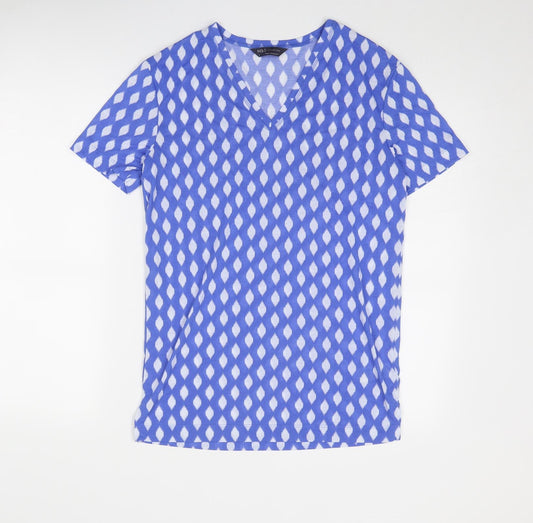 Marks and Spencer Womens Blue Geometric Polyester Basic T-Shirt Size 6 V-Neck