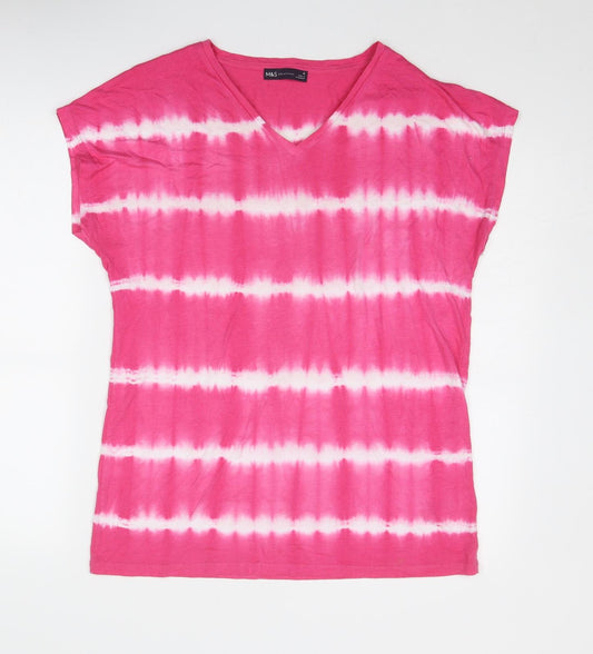 Marks and Spencer Womens Pink Geometric Viscose Basic T-Shirt Size 10 V-Neck
