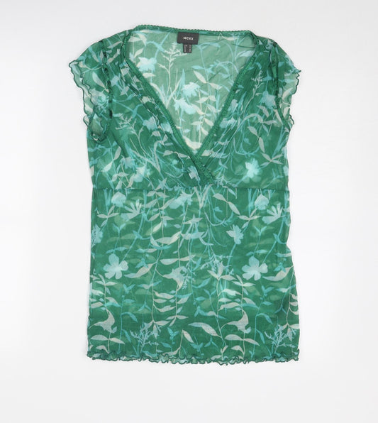 Mexx Womens Green Geometric Nylon Basic T-Shirt Size M V-Neck