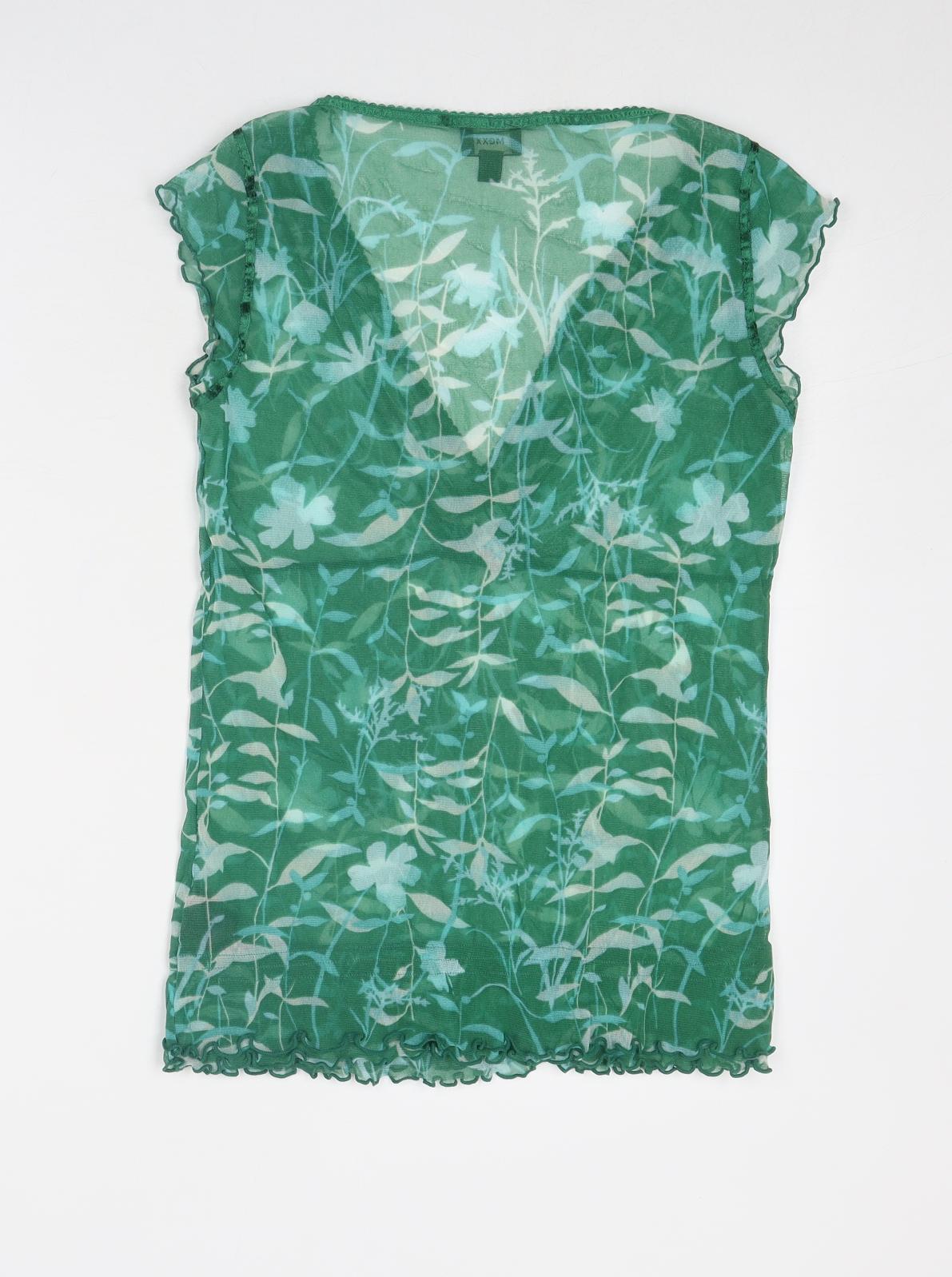 Mexx Womens Green Geometric Nylon Basic T-Shirt Size M V-Neck