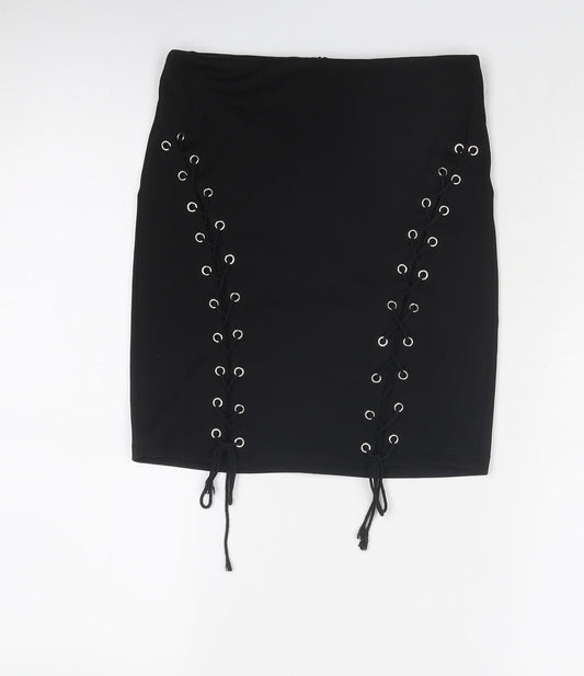 PRETTYLITTLETHING Womens Black Polyester Mini Skirt Size 8 Zip - Lace Up Front
