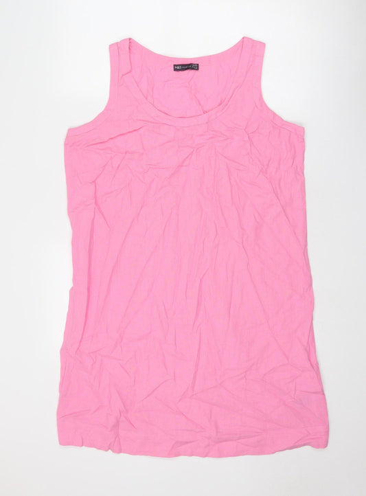 Marks and Spencer Womens Pink Linen Tank Dress Size 16 Round Neck Pullover