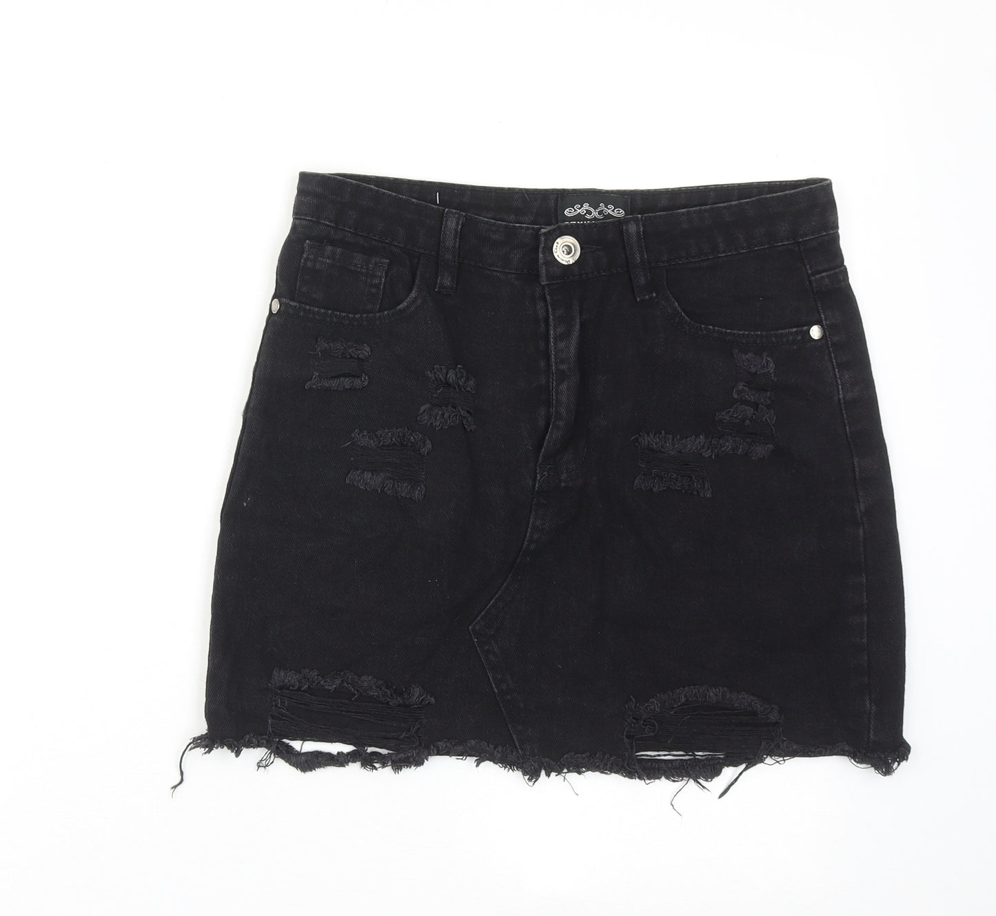 Denim Club Womens Black Cotton A-Line Skirt Size 10 Zip - Distressed Look