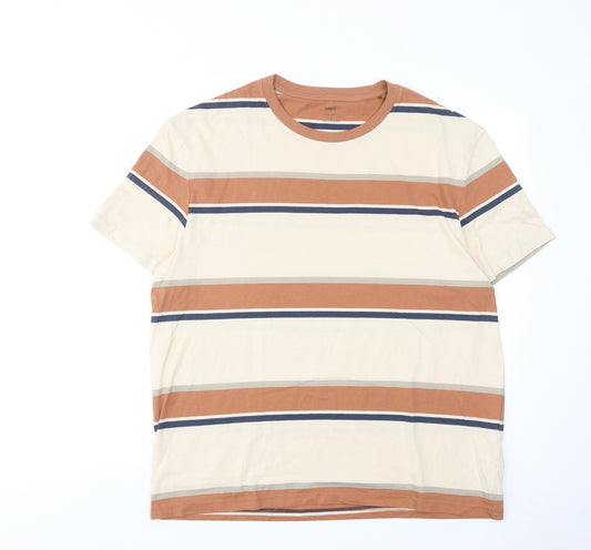 Marks and Spencer Mens Brown Striped Cotton T-Shirt Size L Round Neck