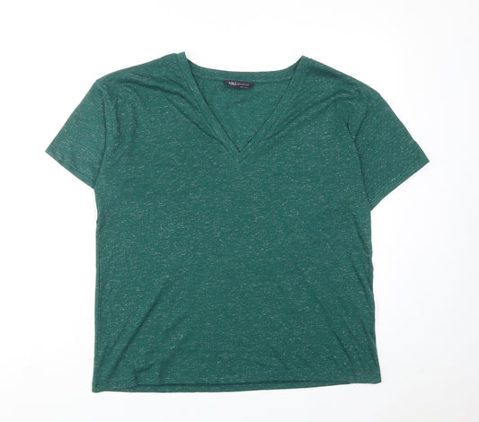 Marks and Spencer Womens Green Polyester Basic T-Shirt Size 14 V-Neck