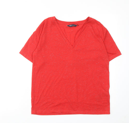 Marks and Spencer Womens Red Polyester Basic T-Shirt Size 8 V-Neck