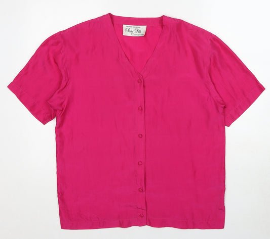 Debbie Morgan Womens Pink Silk Basic Button-Up Size S V-Neck - Size S-M