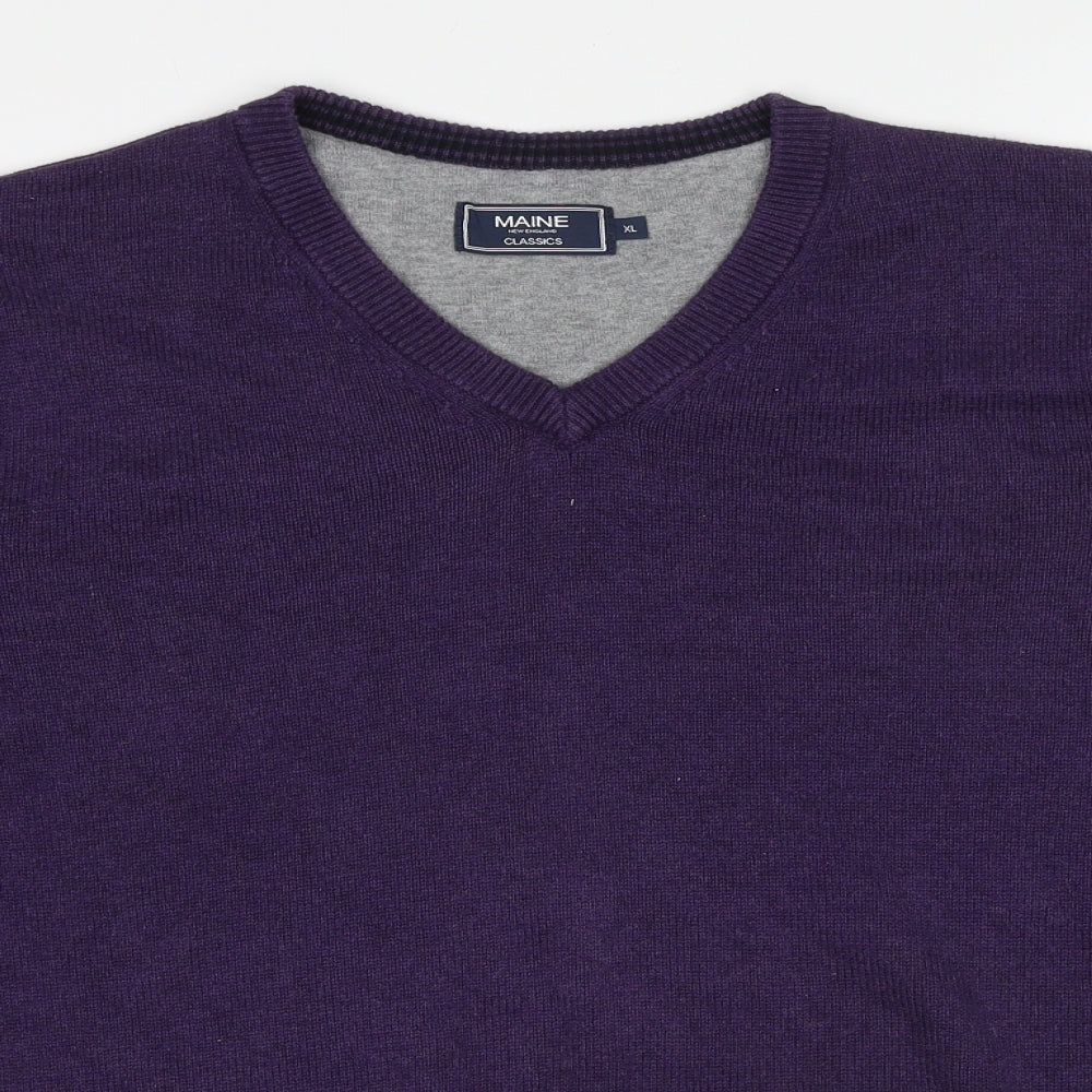 Maine Mens Purple V-Neck Cotton Pullover Jumper Size XL Long Sleeve