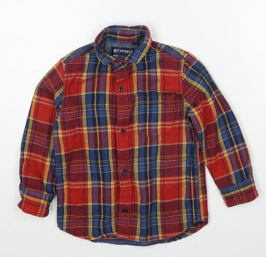 NEXT Boys Red Plaid Cotton Basic Button-Up Size 4 Years Collared Button