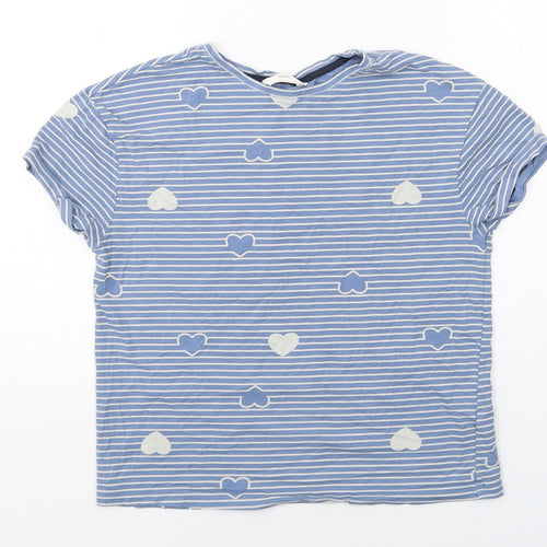Marks and Spencer Womens Blue Striped Cotton Basic T-Shirt Size S Crew Neck - Heart Pattern