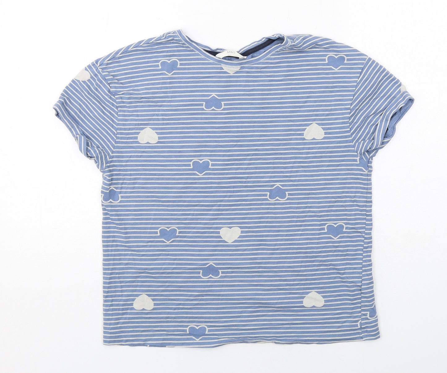 Marks and Spencer Womens Blue Striped Cotton Basic T-Shirt Size S Crew Neck - Heart Pattern