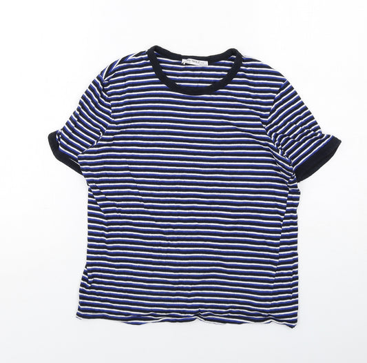 Zara Womens Blue Striped Cotton Basic T-Shirt Size S Crew Neck