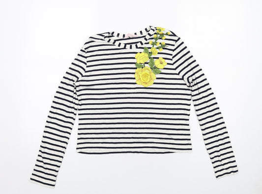 Miss Selfridge Womens White Striped Viscose Basic T-Shirt Size 10 Round Neck - Flower Detail
