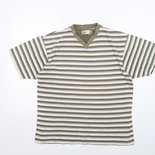 Zantos Mens Green Striped Cotton T-Shirt Size S V-Neck