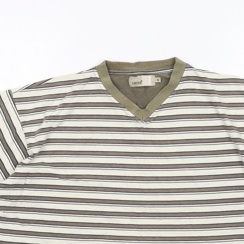 Zantos Mens Green Striped Cotton T-Shirt Size S V-Neck