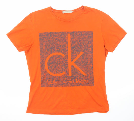 Calvin Klein Mens Orange Cotton T-Shirt Size M Round Neck