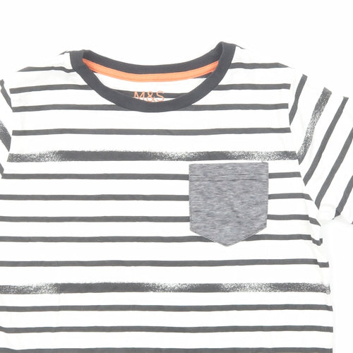 Marks and Spencer Boys Black Striped Cotton Basic T-Shirt Size 9-10 Years Round Neck Pullover
