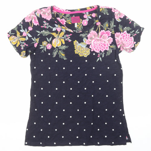 Joules Womens Black Floral Cotton Basic T-Shirt Size 10 Round Neck