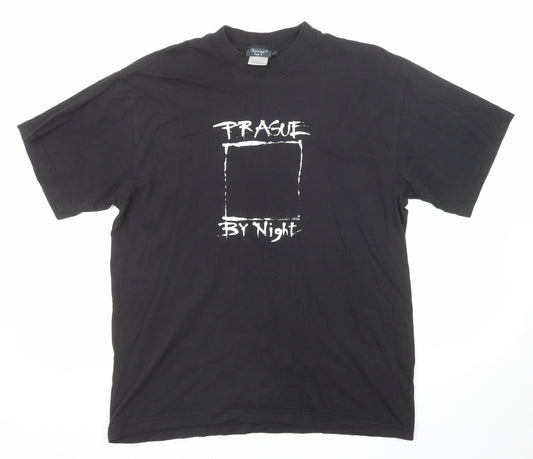 Hanes Mens Black Cotton T-Shirt Size L Round Neck - Prague By Night