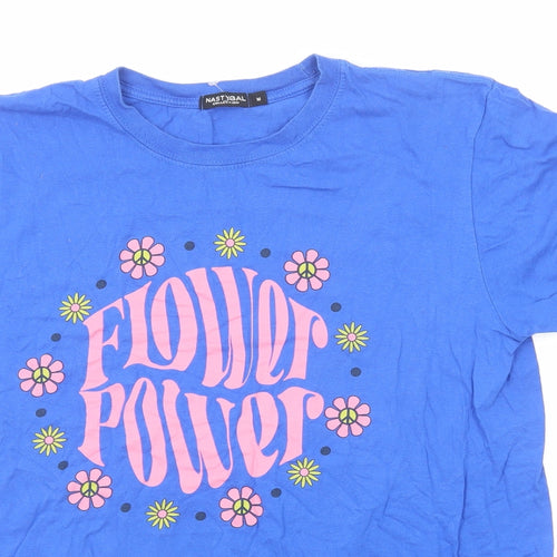 Nasty Gal Womens Blue Polyester Basic T-Shirt Size M Crew Neck - Flower Power