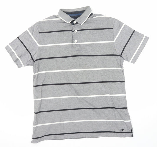 Marks and Spencer Mens Grey Striped Cotton Polo Size M Collared Button