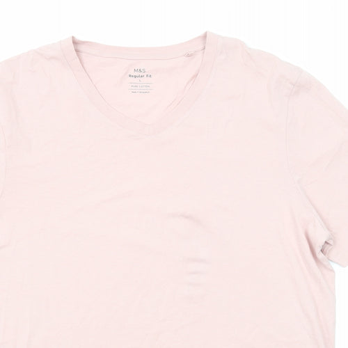 Marks and Spencer Mens Pink Cotton T-Shirt Size L V-Neck