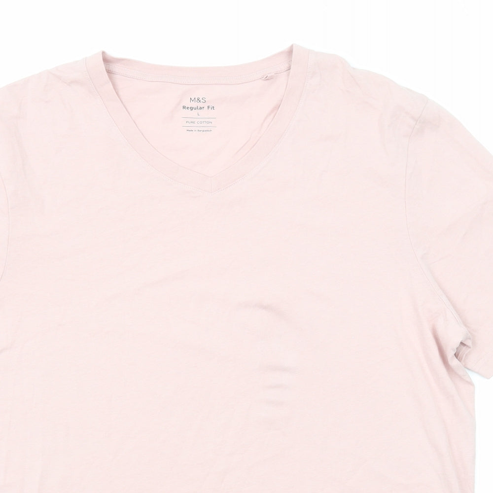 Marks and Spencer Mens Pink Cotton T-Shirt Size L V-Neck